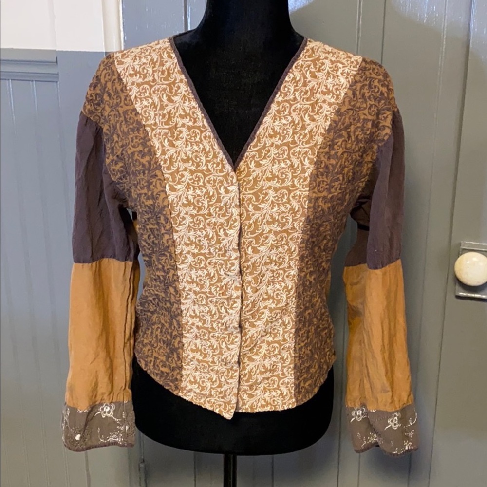 Johnny Was Brown Embroidered Cropped Blouse